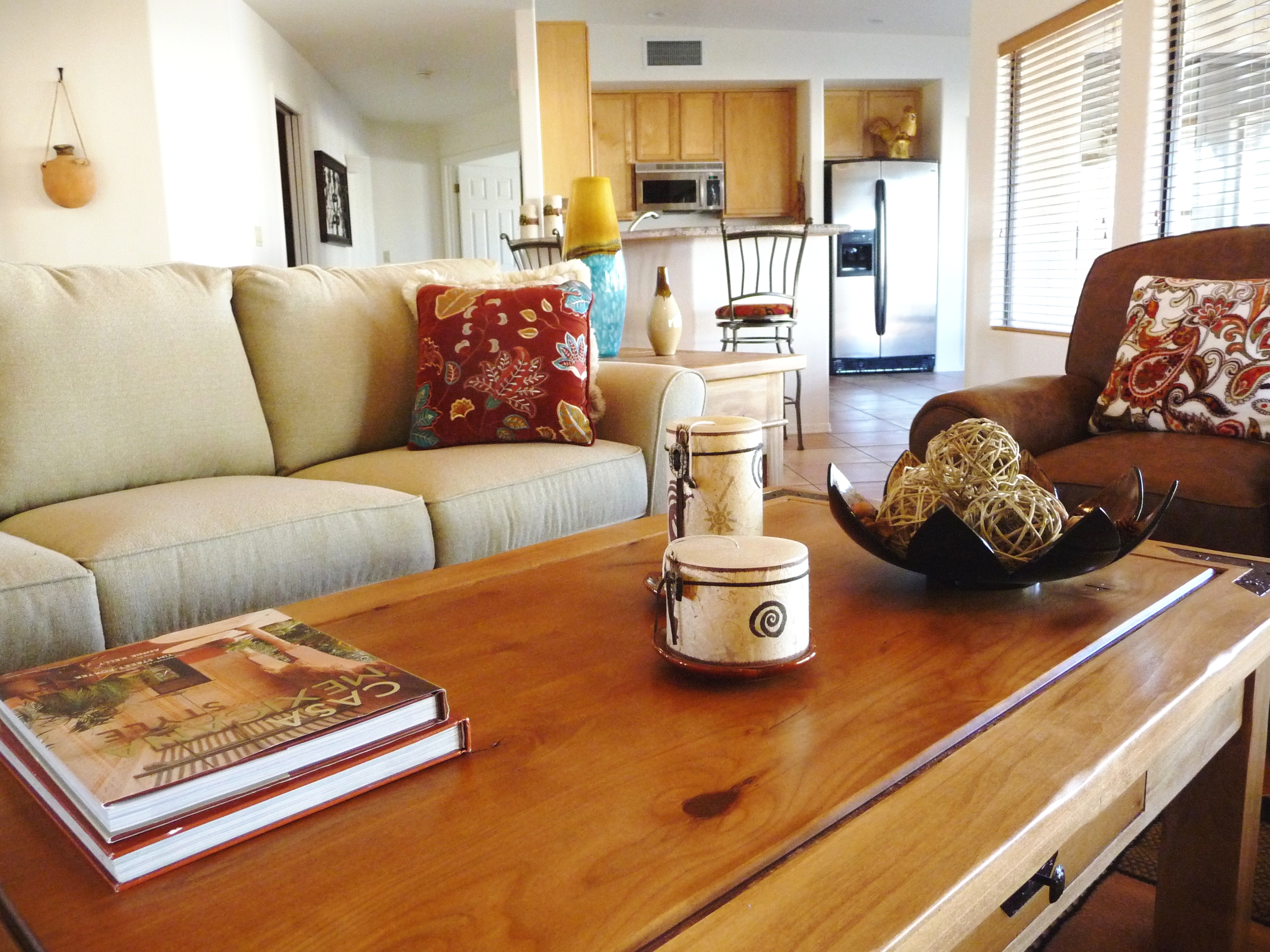 Home Design, Staging, Interior Design, Living Room, Southwest Style, Warm Tones, Natural Light, Paisley Accent, Coffee table Book, Composition, Tucson, Arizona, Family room, Real Estate