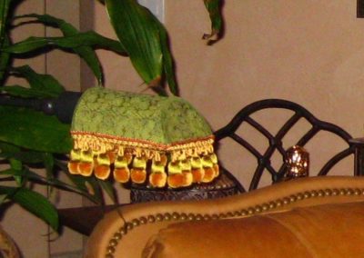 Custom Lamp Shade Cover, diy lampshade, tassels, tucson, arizona, interior design, fabric cover, ribbon, decorative trim, metal shade, hot glue