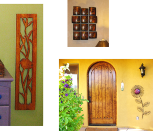 examples of three dimensional 3D wall art on walls for interior design purple flower_wood sculpture_metal red squares the designers eye tucson