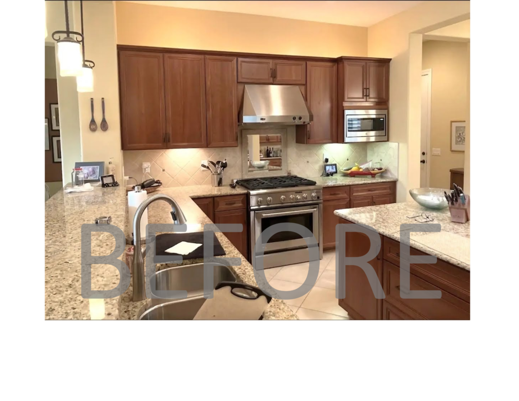 Before Remodel-Kitchen with yellow paint and traditional square tile backsplash.