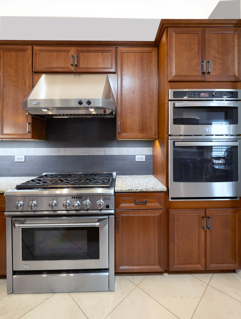 new custom cabinet tower medium wood stain for stacked stainless oven and microwave